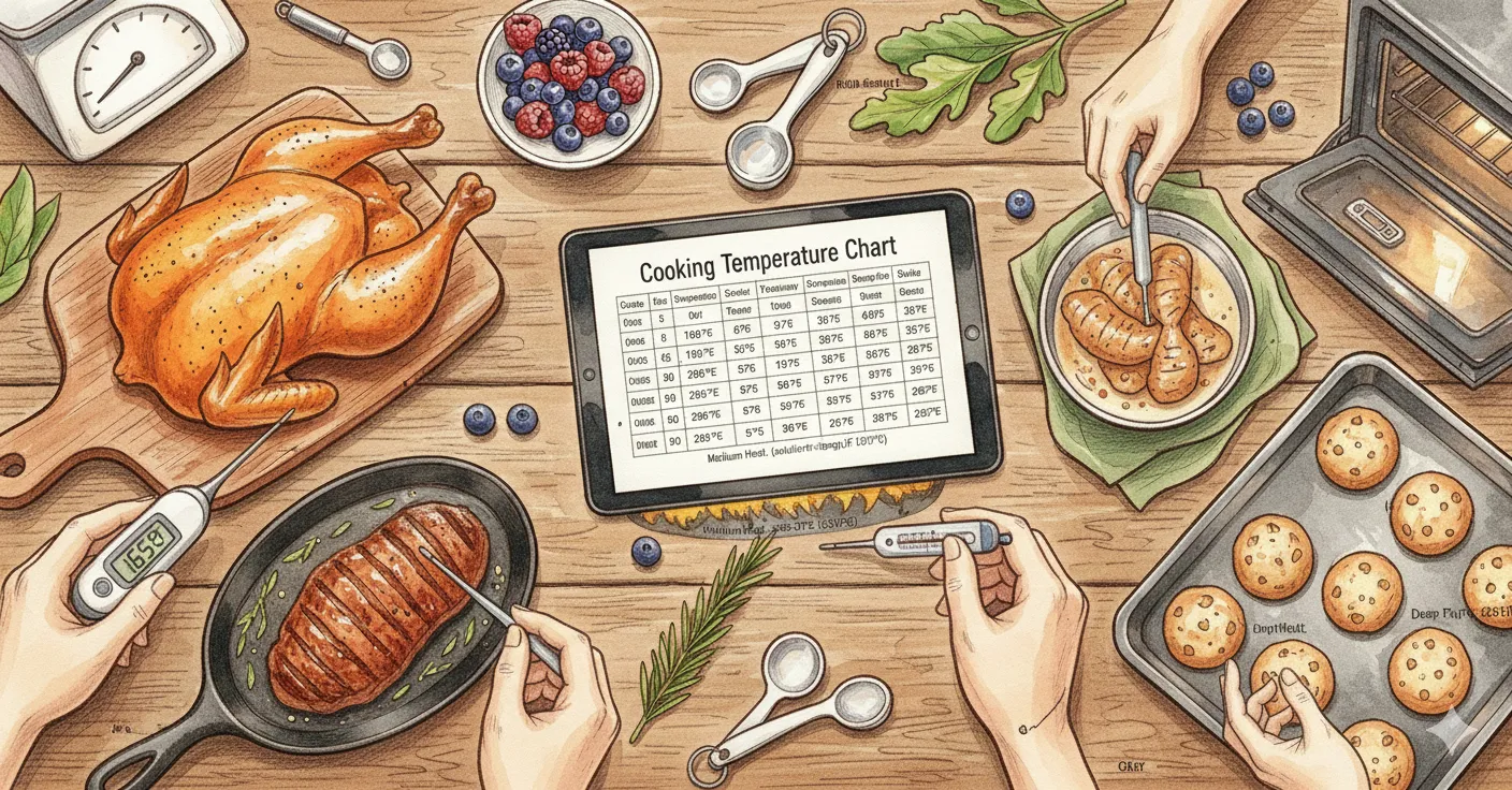 Illustration of a thermometer showing safe cooking temperatures